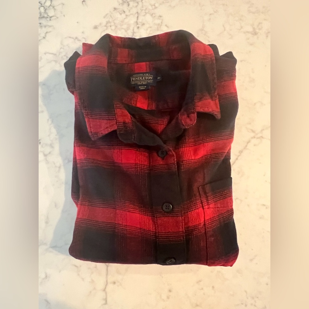 Pendleton Women's Plaid 100% Cotton Red Black Check Flannel Shirt XL Super Soft